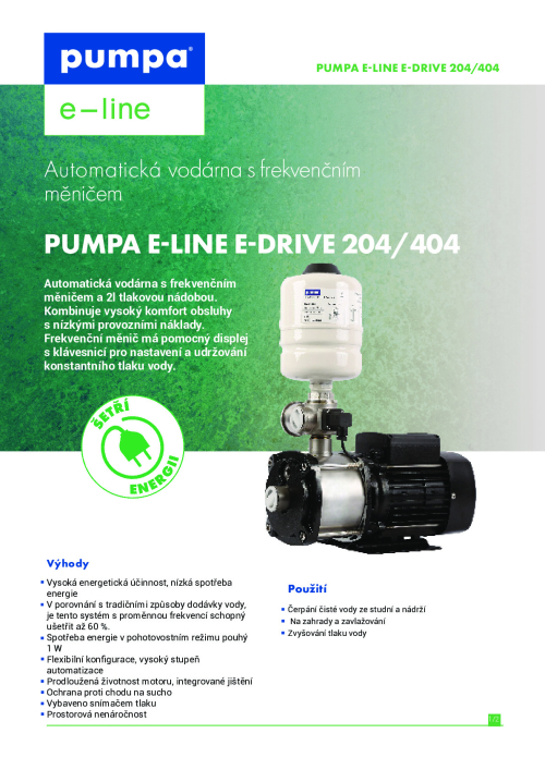 e-line E-DRIVE  230V, 50Hz, 0,9kW vodárna s frekvenčním měničem